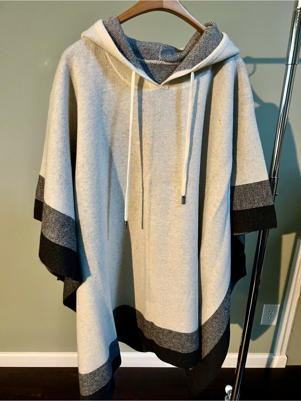 Hooded Crewneck Poncho Sweater with Dark Trim